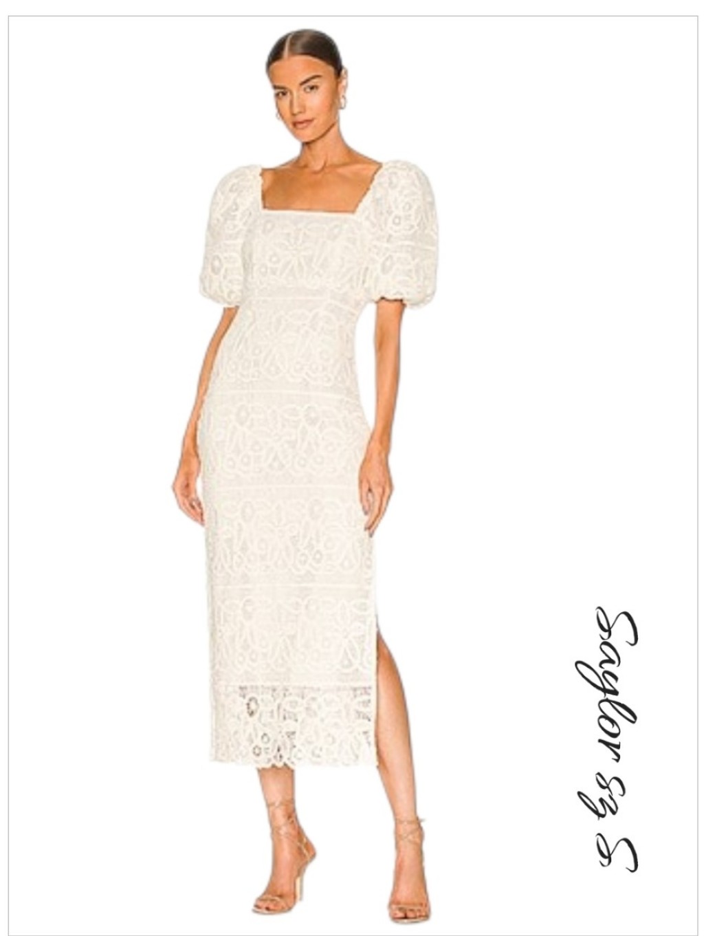 Saylor Keaton White Crochet Lace Puff Sleeve Midi Dress S Nwt